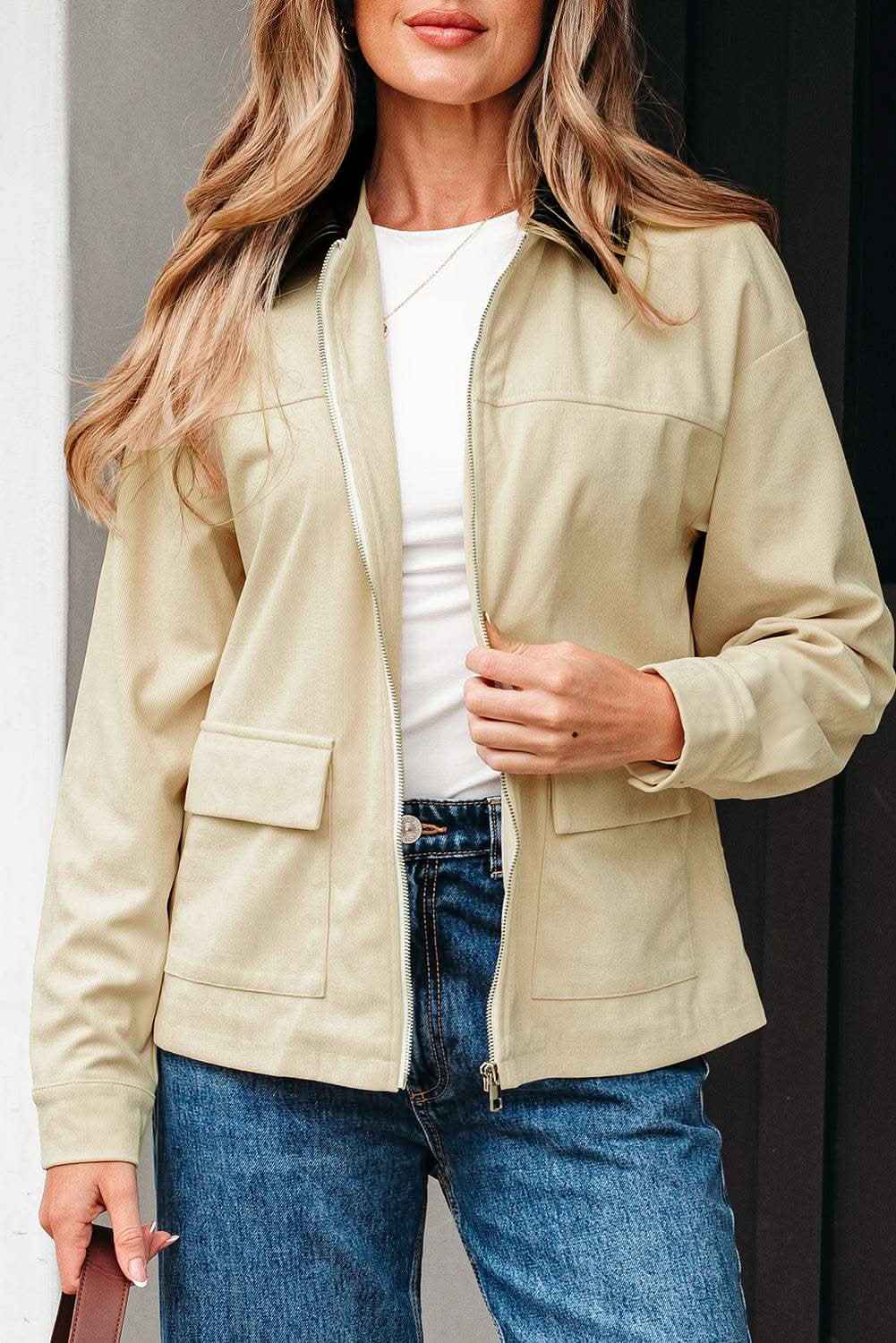 Parchment Contrast Leather Collar Textured Zip Up Jacket