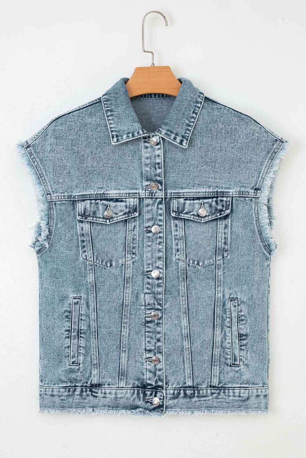 Myosotis Button Flap Pocket Frayed Detail Denim Vest