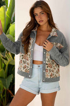 Clay Ribbed Retro Floral Patchwork Shirt Style Jacket