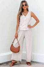 Apricot Buttoned V Neck Tank Top and Wide Leg Pants Casual Outfit