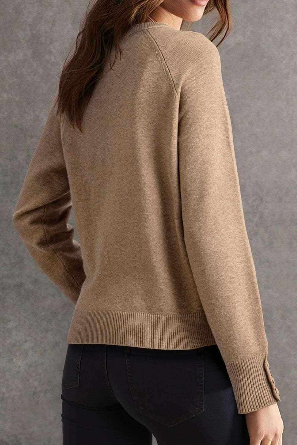 Camel Buttoned Bishop Sleeve Crew Neck Sweater