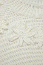 White Flower Detail Round Neck Contrast Textured Puff Sleeve Sweater