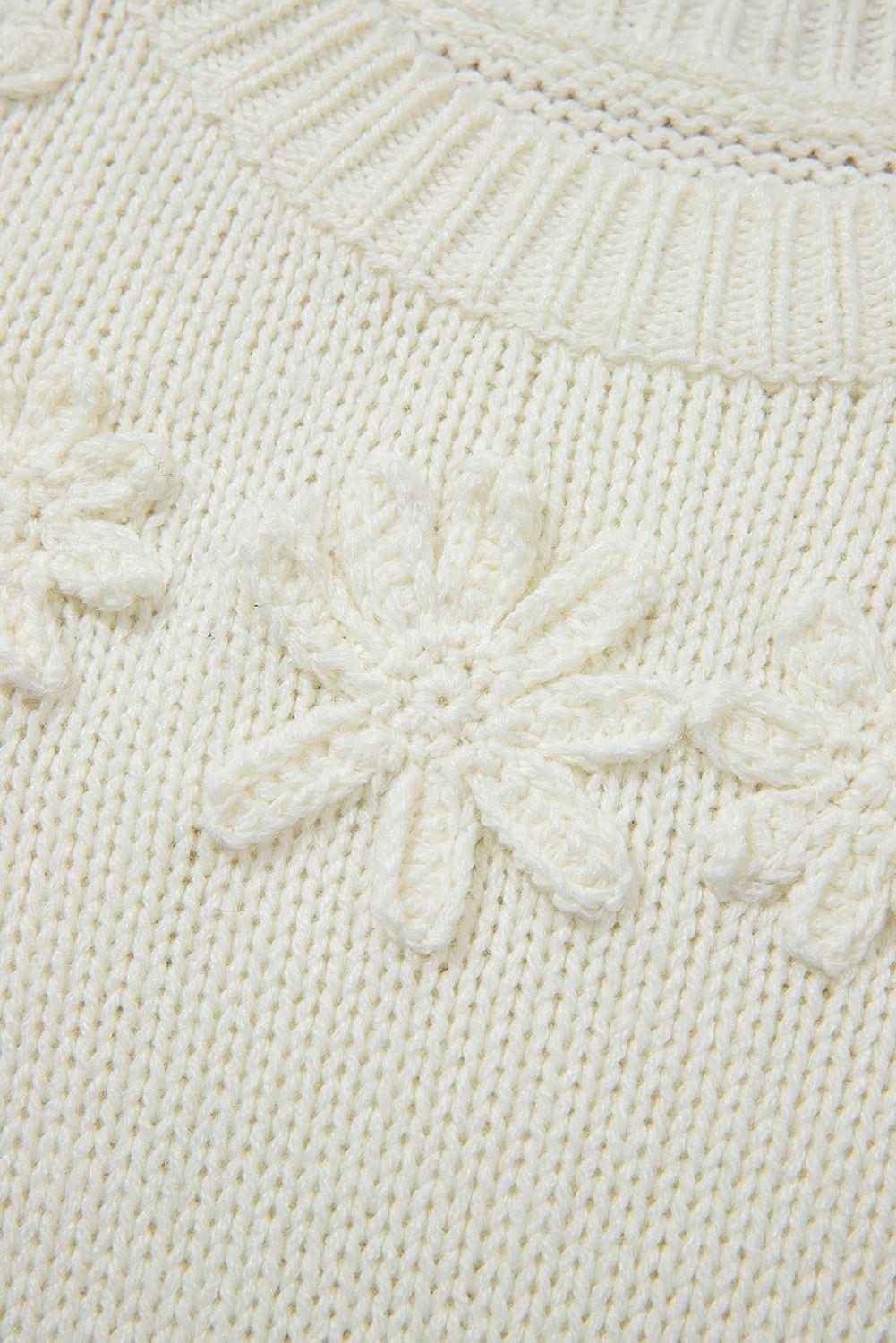 White Flower Detail Round Neck Contrast Textured Puff Sleeve Sweater
