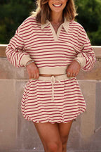 Red Stripe Cropped Collared Drop Shoulder Pullover and Bubble Mini Skirt Set