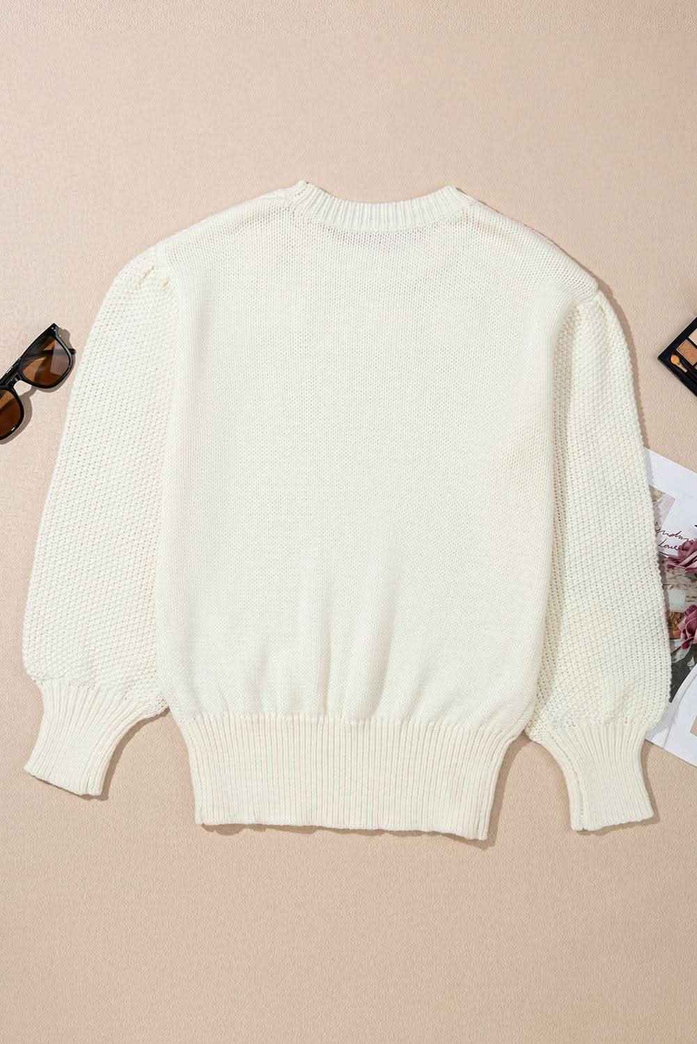 White Flower Detail Round Neck Contrast Textured Puff Sleeve Sweater