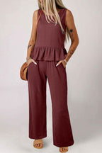 Red Dahlia Solid Color Ribbed Ruffle Tank Top and Pants Set