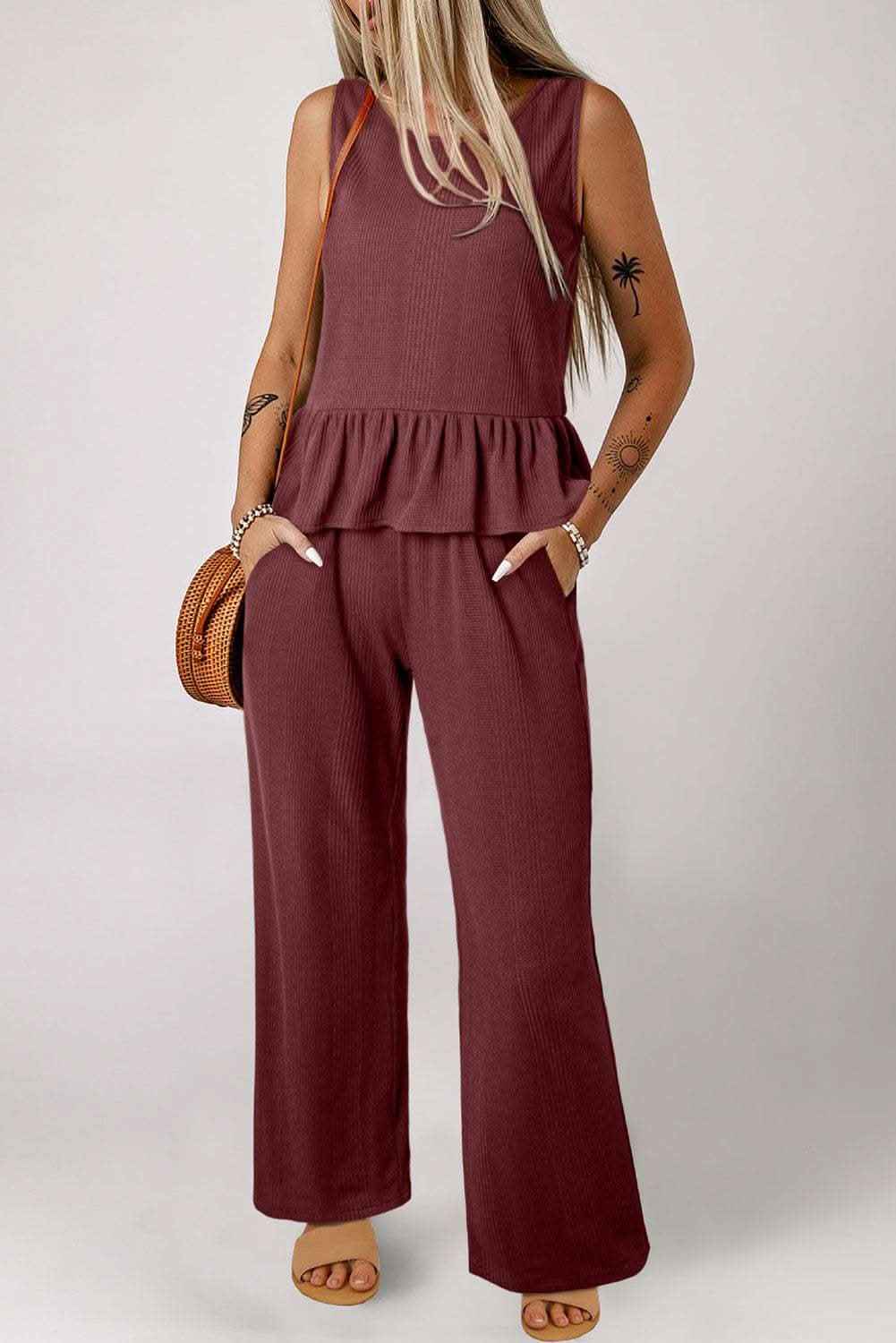 Red Dahlia Solid Color Ribbed Ruffle Tank Top and Pants Set