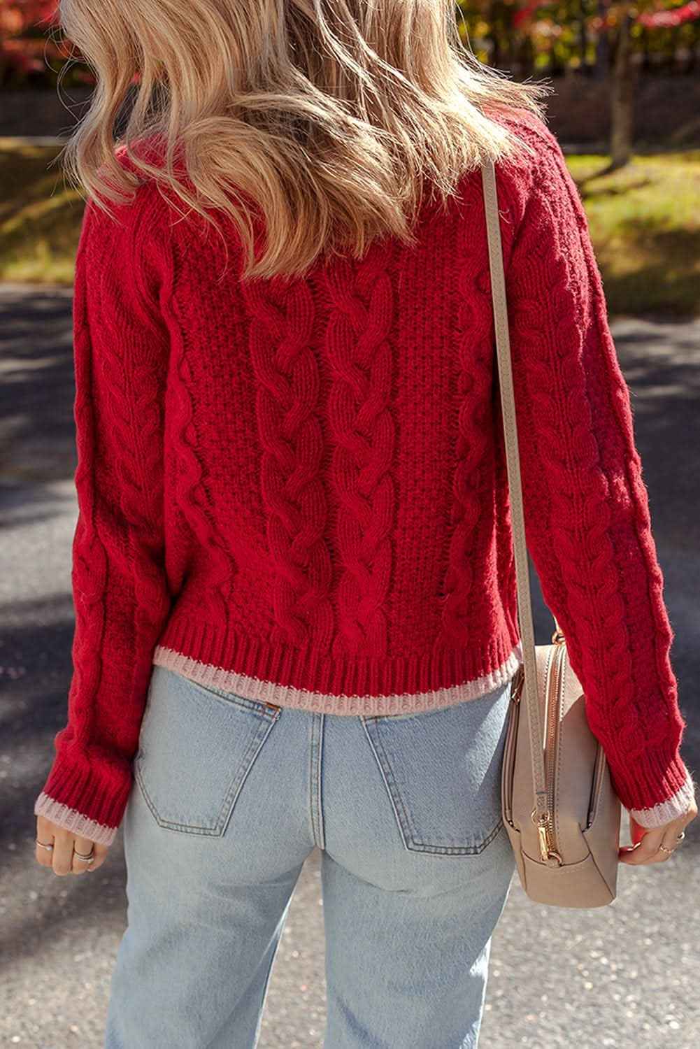 Racing Red Color Contrast Edge Cable Knit Buttoned Cardigan