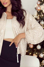 Black Sequin Zip up Round Neck Long Sleeve Jacket