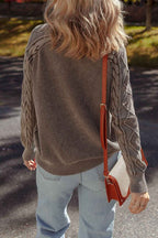 Dark Brown Contrast Cable Knit Sleeve Casual Sweater