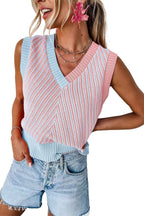 Sky Blue Contrast Chevron Knit V Neck Sweater Vest