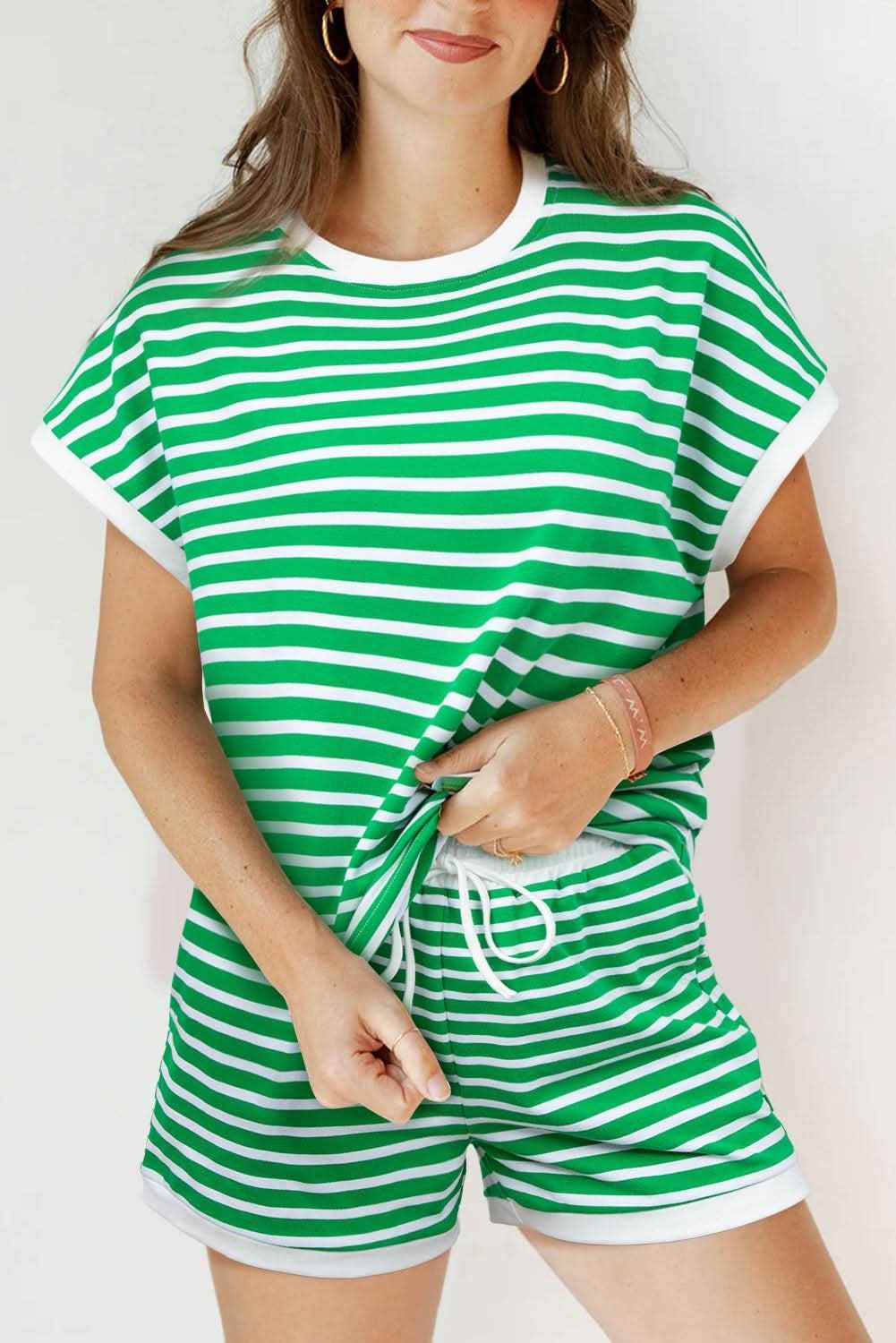 Dark Green Striped Cap Sleeve Tee and Shorts Set