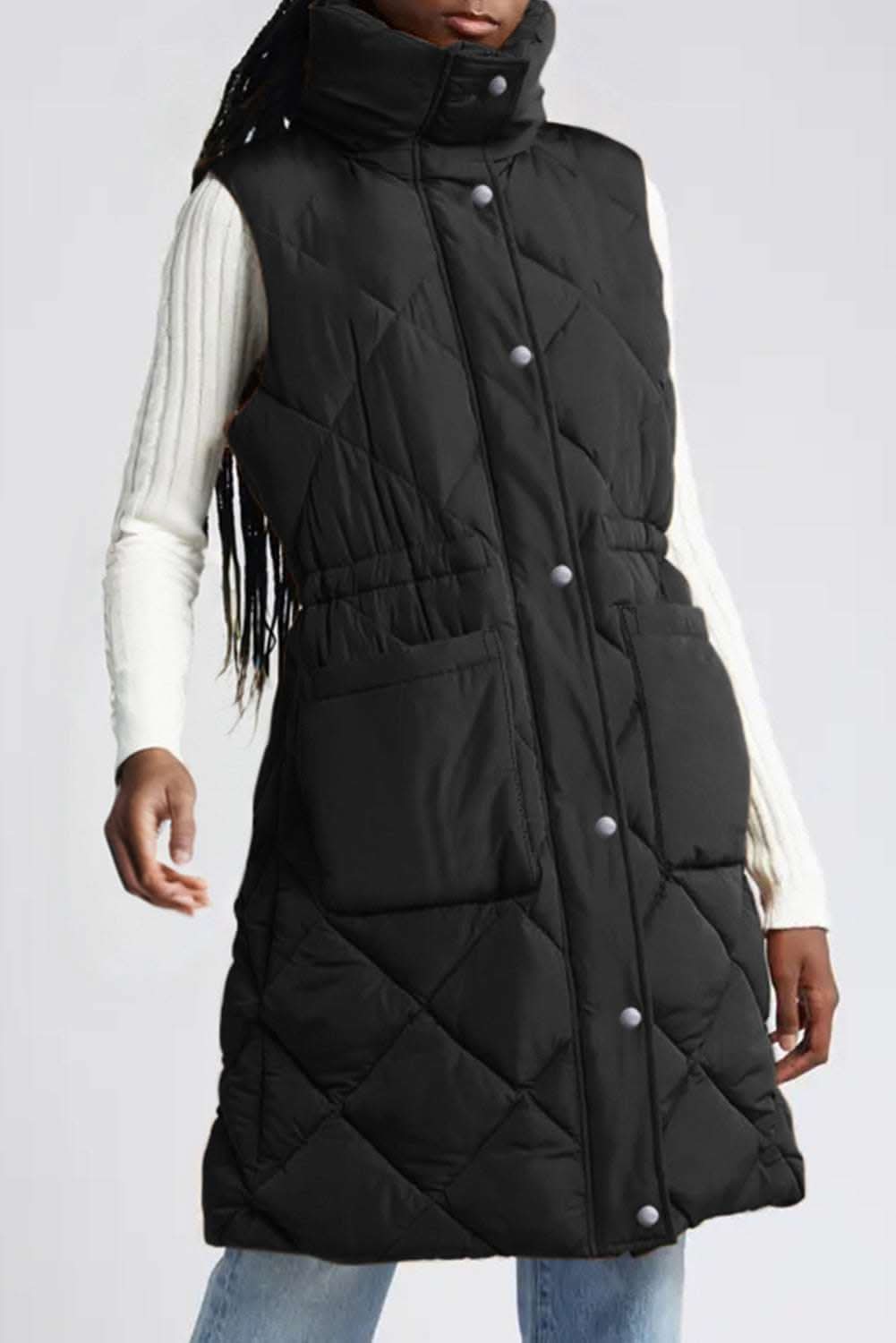 Black longline quilted stand collar puffer vest with snap buttons and side pockets