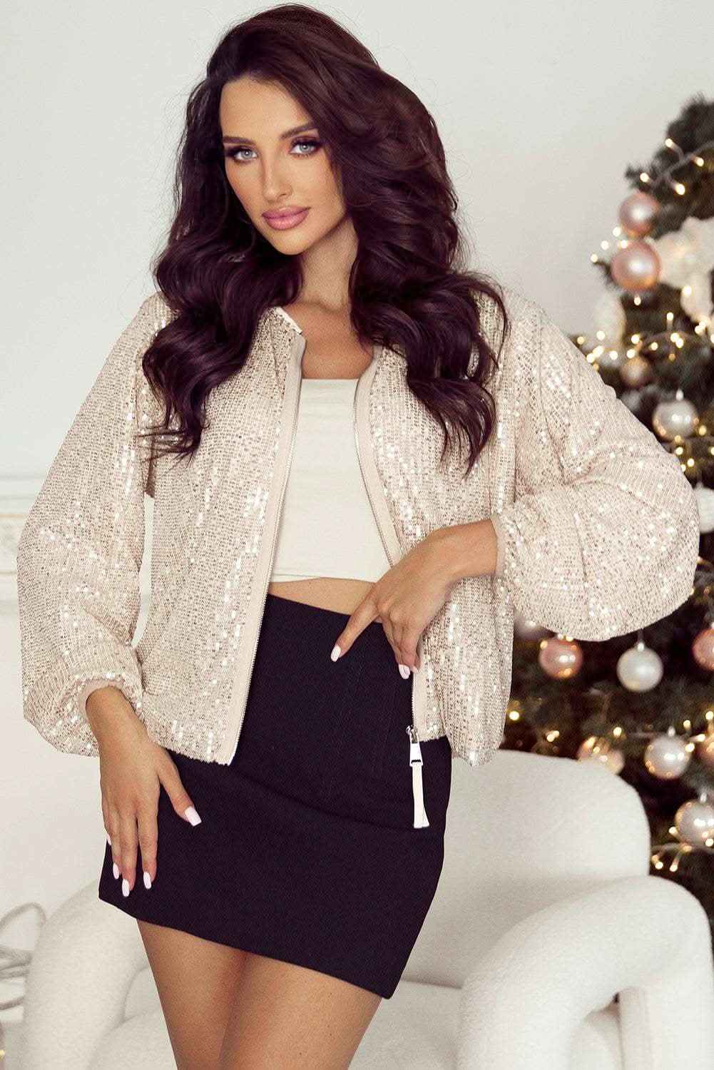 Black Sequin Zip up Round Neck Long Sleeve Jacket