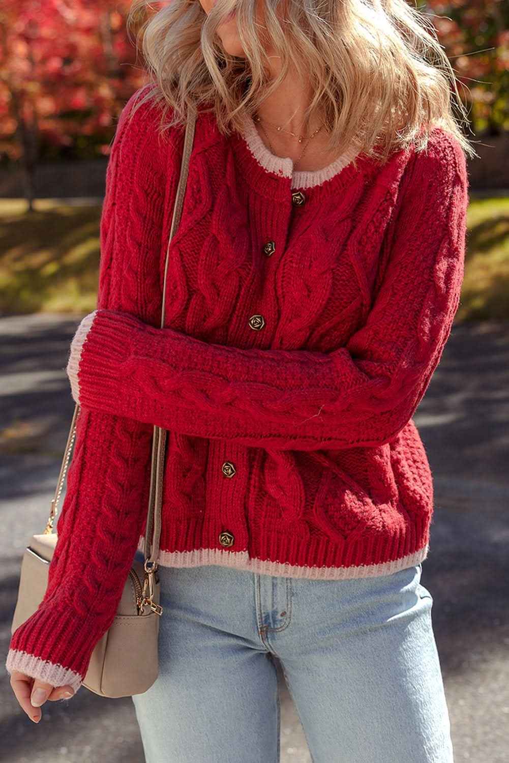 Racing Red Color Contrast Edge Cable Knit Buttoned Cardigan