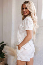 Beige Checkered V Neck Tee Drawstring Shorts Lounge Set