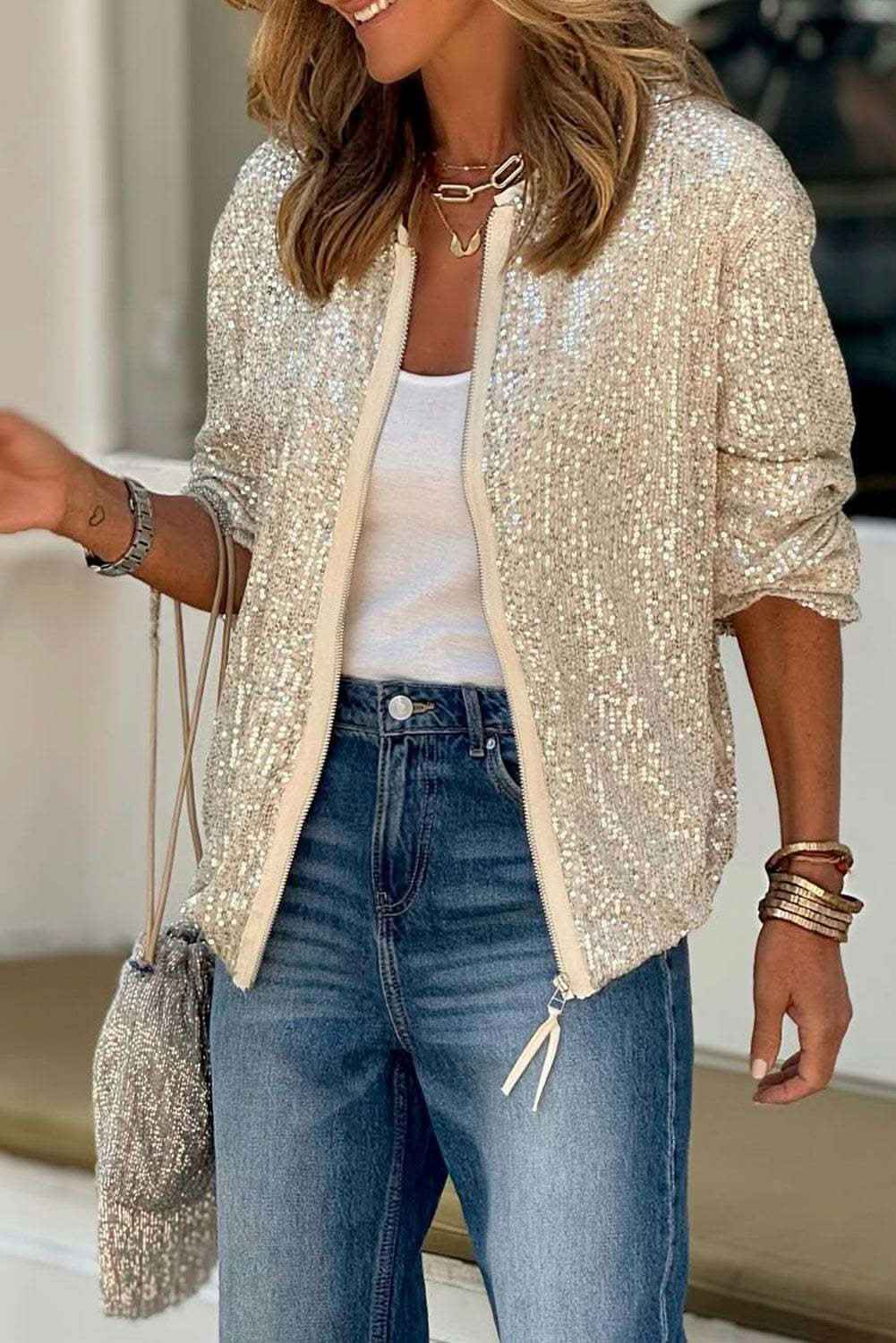 Black Sequin Zip up Round Neck Long Sleeve Jacket