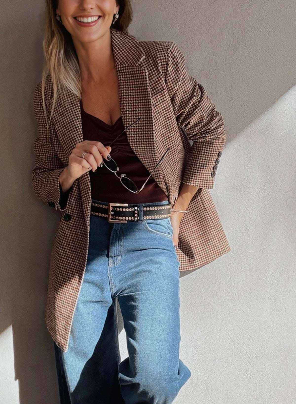 Brown Houndstooth Lapel Collar Blazer