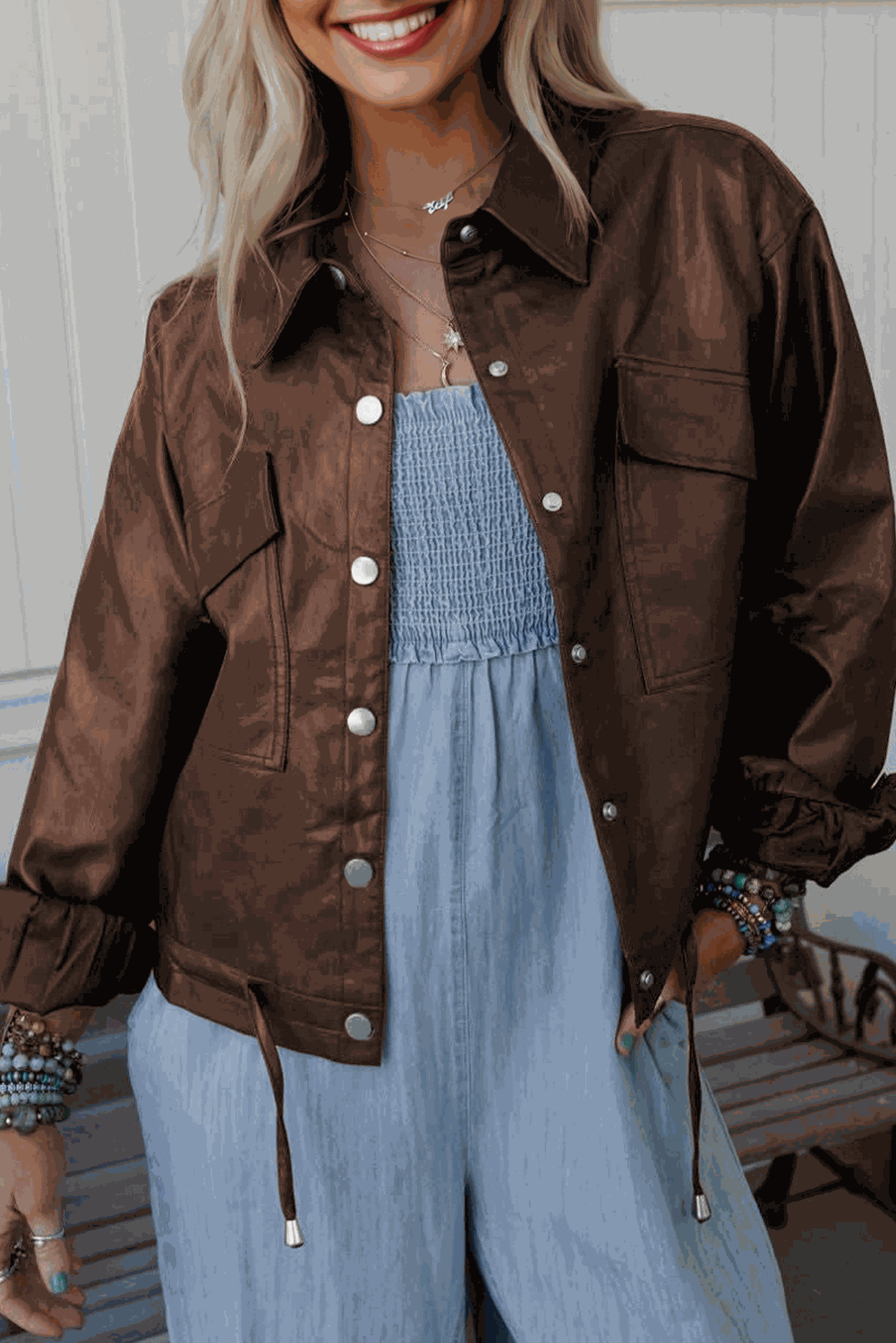 Chicory Coffee Double Flap Pocket Drawstring Hem Leather Jacket