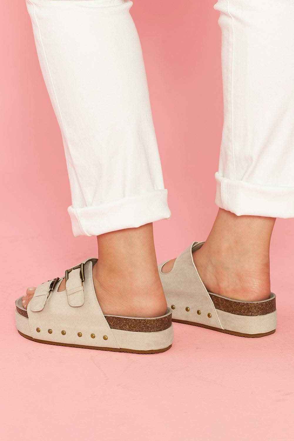 Beige Suede Buckle Decor Footbed Sandal Slippers