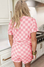 Beige Checkered V Neck Tee Drawstring Shorts Lounge Set