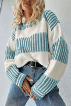 Light Blue Two Tone Striped Patchwork Drop Shoulder Loose Sweater