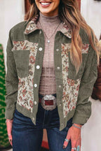 Clay Ribbed Retro Floral Patchwork Shirt Style Jacket