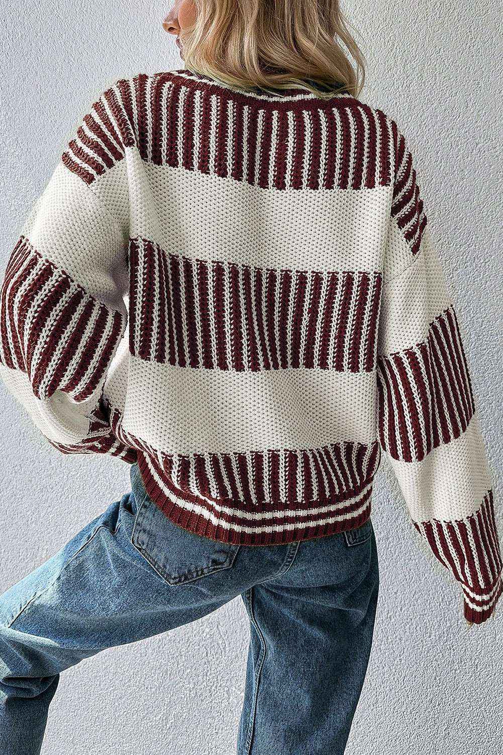 Light Blue Two Tone Striped Patchwork Drop Shoulder Loose Sweater