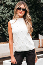 White Pearled High Neck Textured Knit Sweater Vest