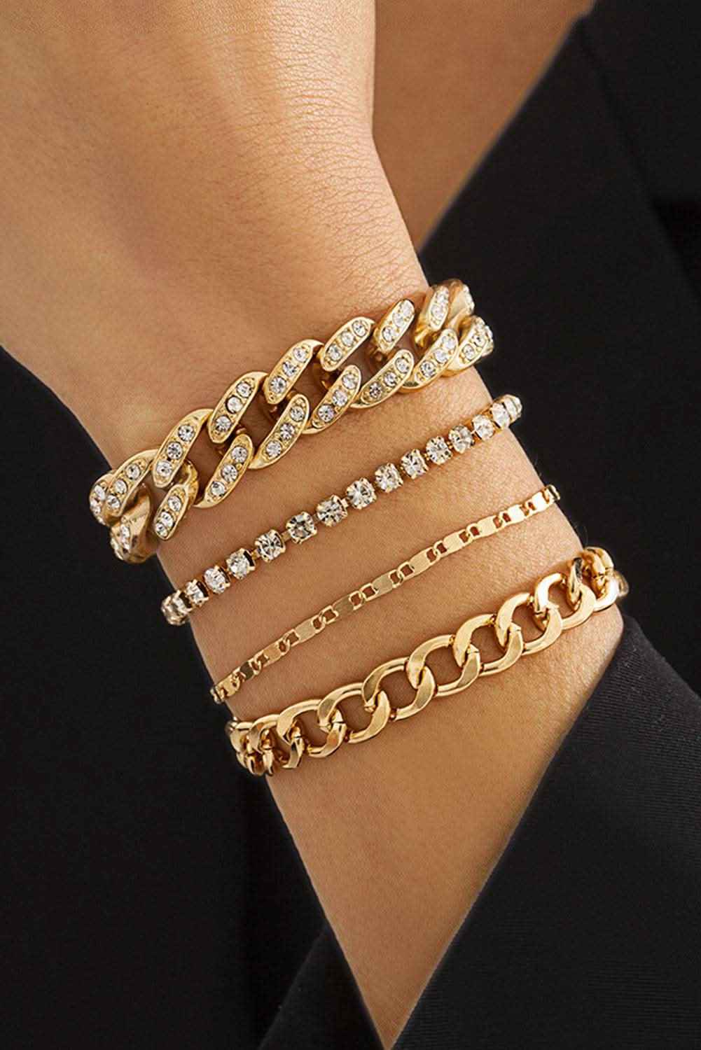 Gold 4pcs Rhinestone Decor Adjustable Chain Plated Bracelet Set