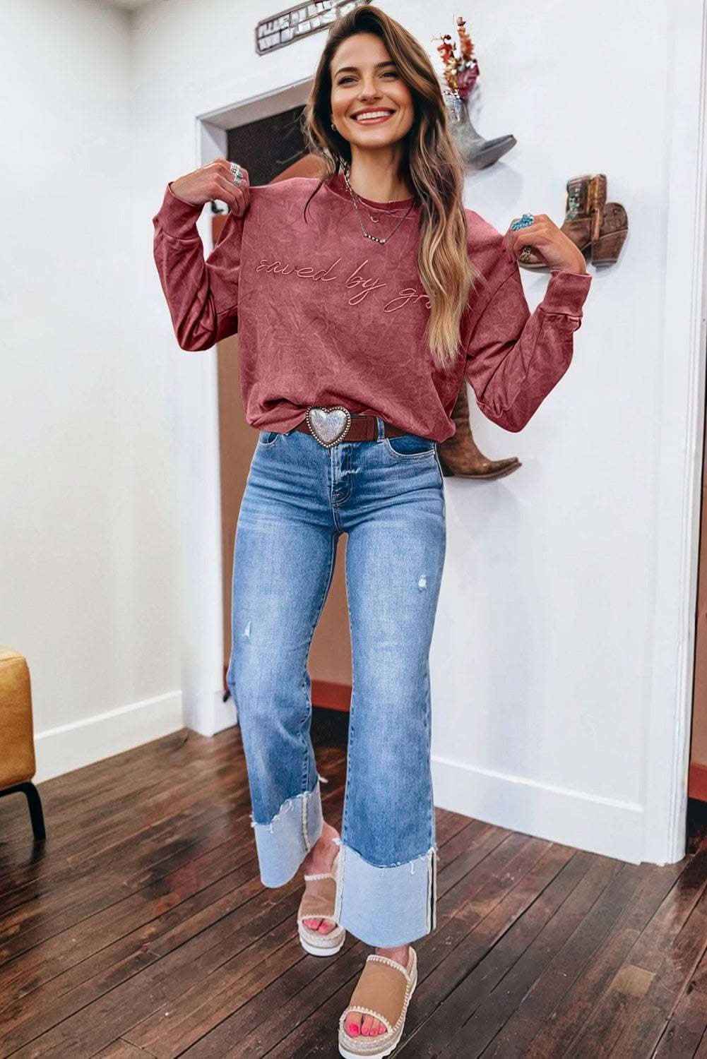 Sea Green saved by grace Letter Embroidery Mineral Wash Loose Sweatshirt