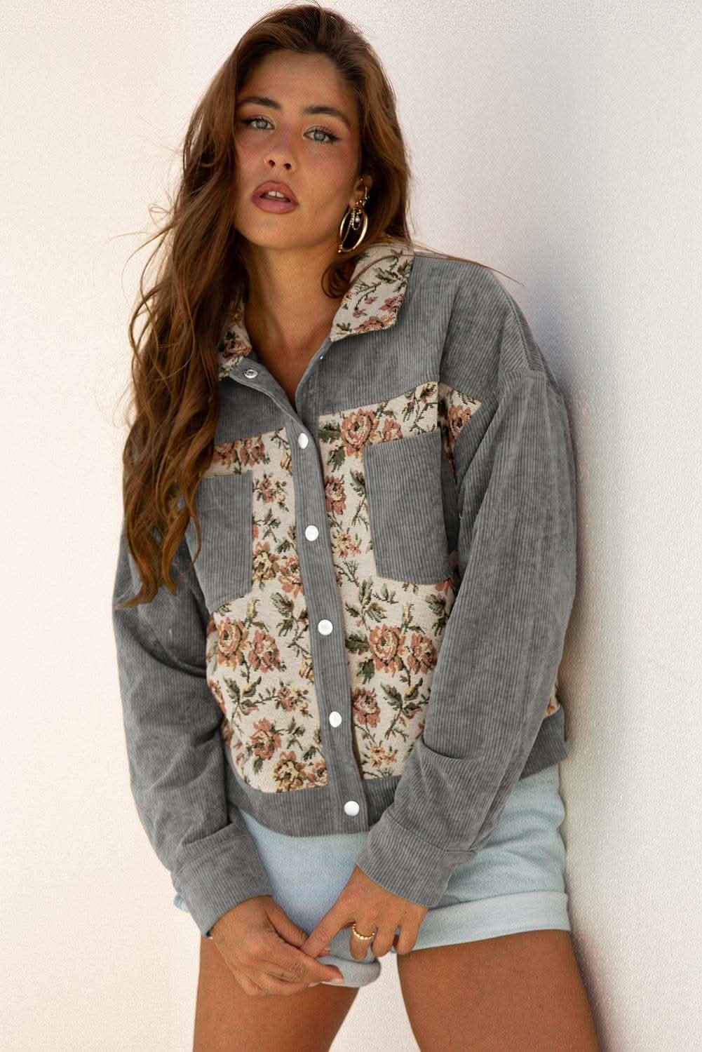 Clay Ribbed Retro Floral Patchwork Shirt Style Jacket