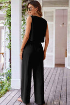 Black Buttoned Vest Drawstring Wide Leg Pants 2pcs Set