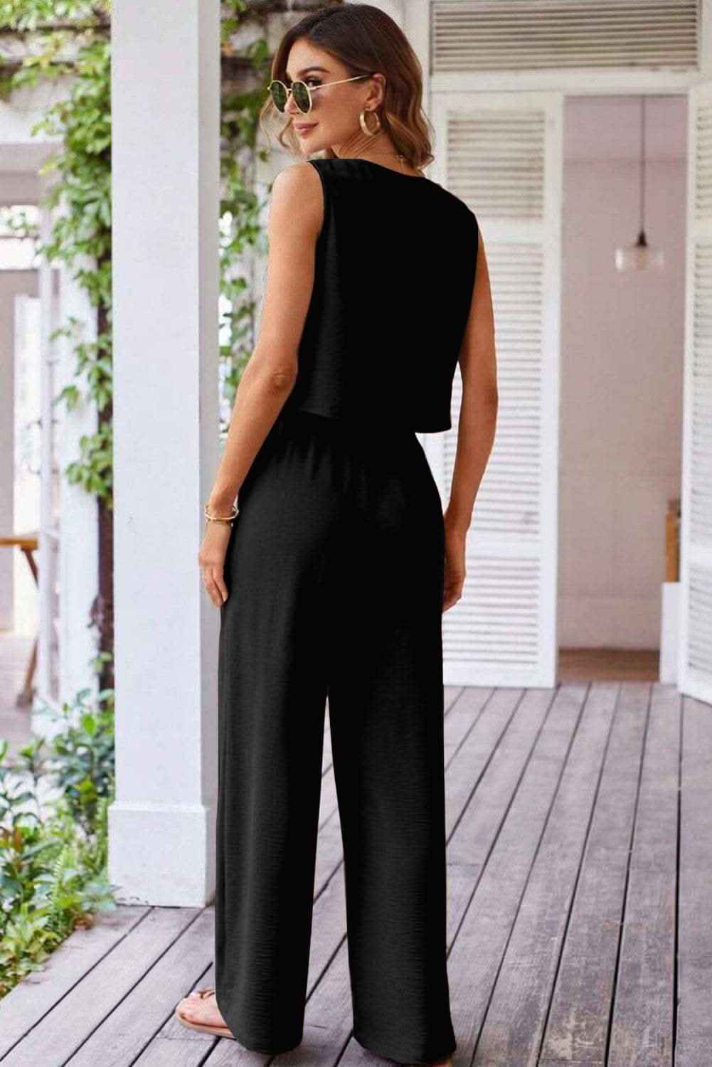Black Buttoned Vest Drawstring Wide Leg Pants 2pcs Set