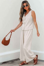 Apricot Buttoned V Neck Tank Top and Wide Leg Pants Casual Outfit