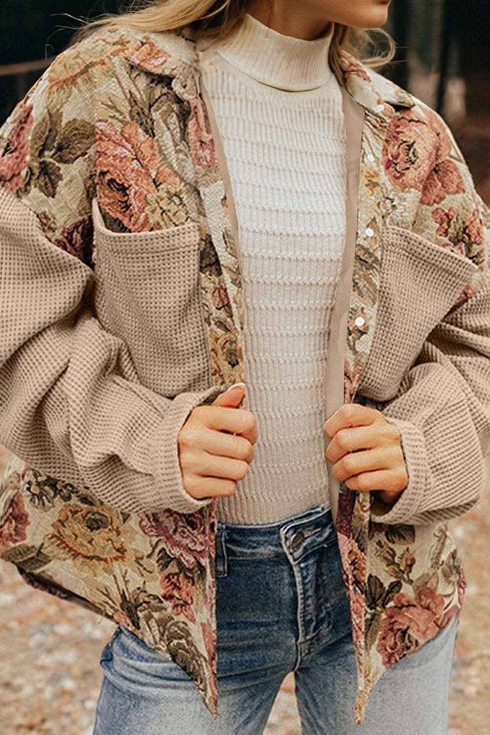 Khaki Floral Waffle Knit Patchwork Chest Pockets Buttoned Jacket