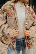 Khaki Floral Waffle Knit Patchwork Chest Pockets Buttoned Jacket