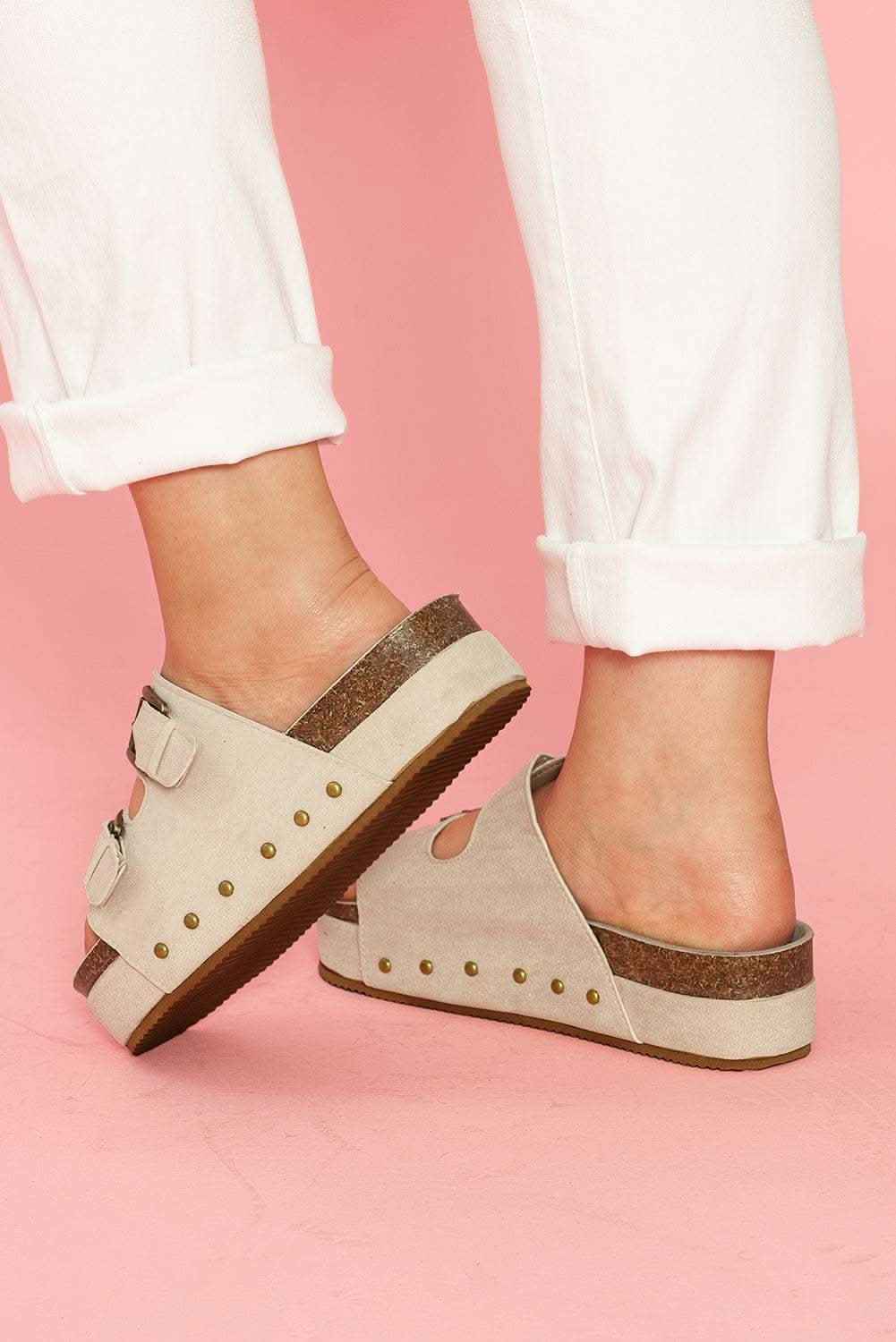 Beige Suede Buckle Decor Footbed Sandal Slippers