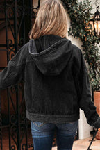 Black Big Chest Pocket Drop Shoulder Hooded Denim Jacket
