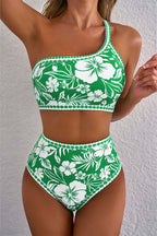Green floral print one shoulder high waist bikini set with white flower patterns
