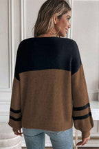 Dark Brown Color Block Knit Striped Sleeve Detail Casual Sweater