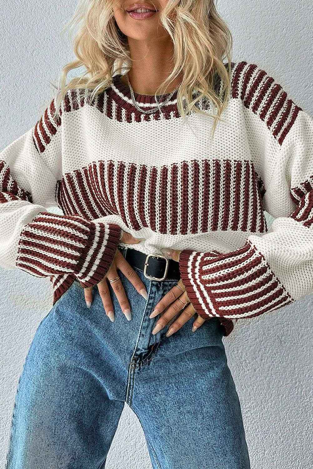 Light Blue Two Tone Striped Patchwork Drop Shoulder Loose Sweater