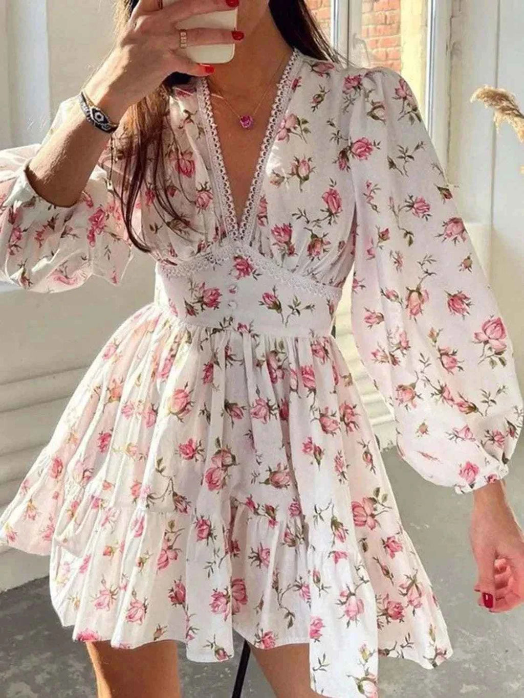 Floral lace detail V-neck dress with balloon sleeves and ruched waist