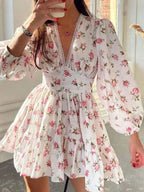 Floral lace detail V-neck dress with balloon sleeves and ruched waist