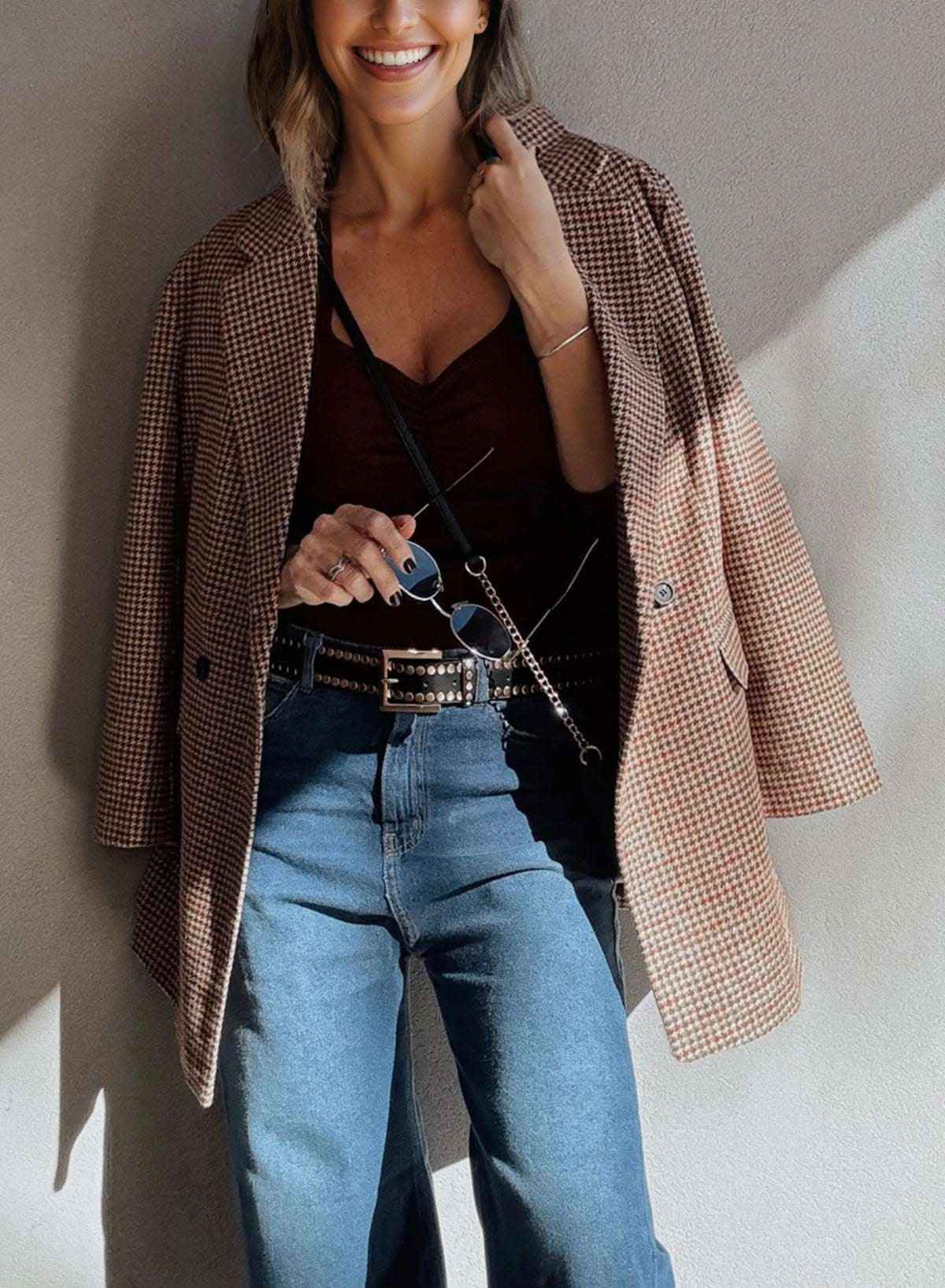 Brown Houndstooth Lapel Collar Blazer