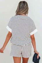 Black Stripe V Neck Tee and Casual Short Set