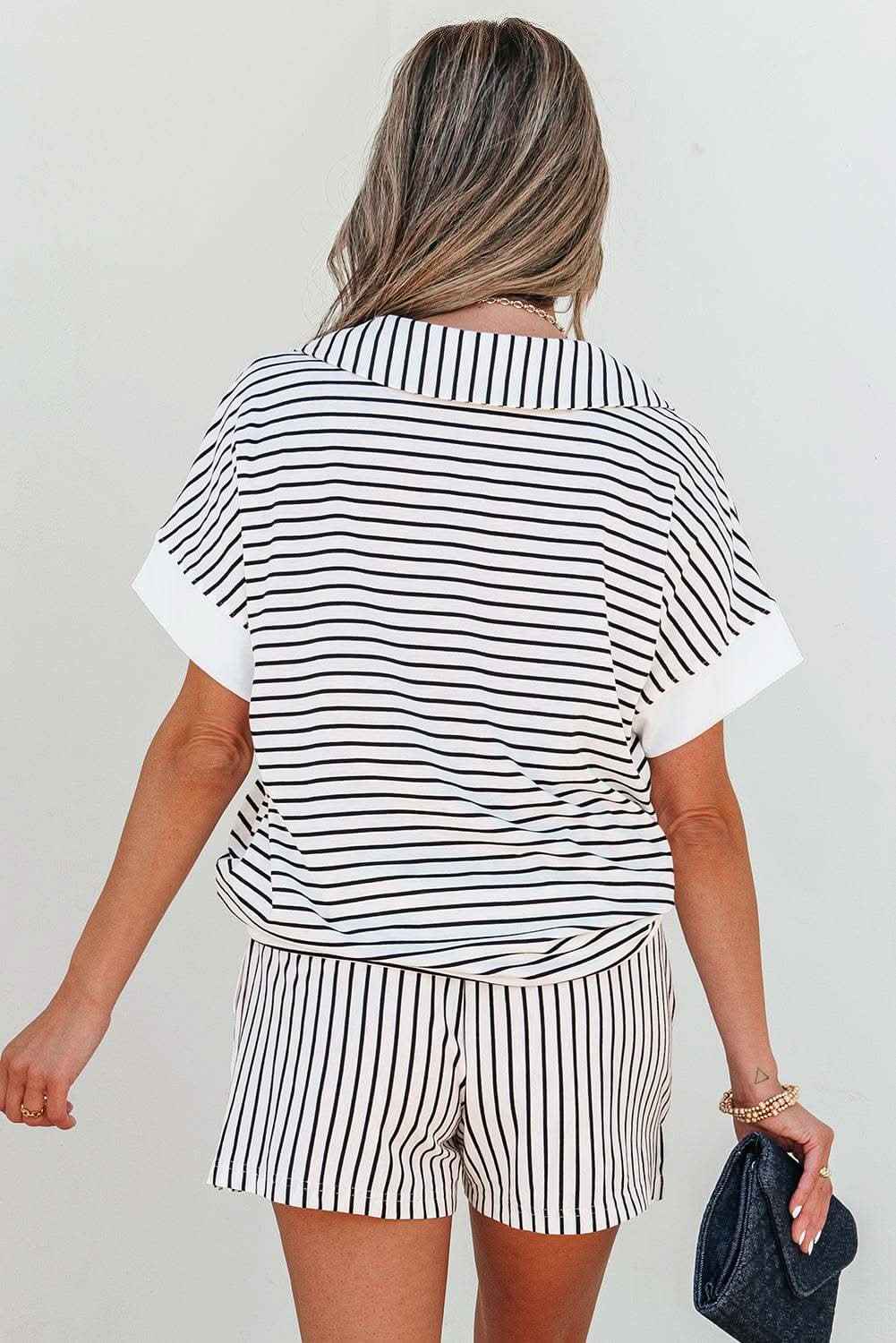 Black Stripe V Neck Tee and Casual Short Set