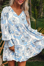 Sky Blue Floral Print Tie Neck Long Sleeve Flowy Mini Dress