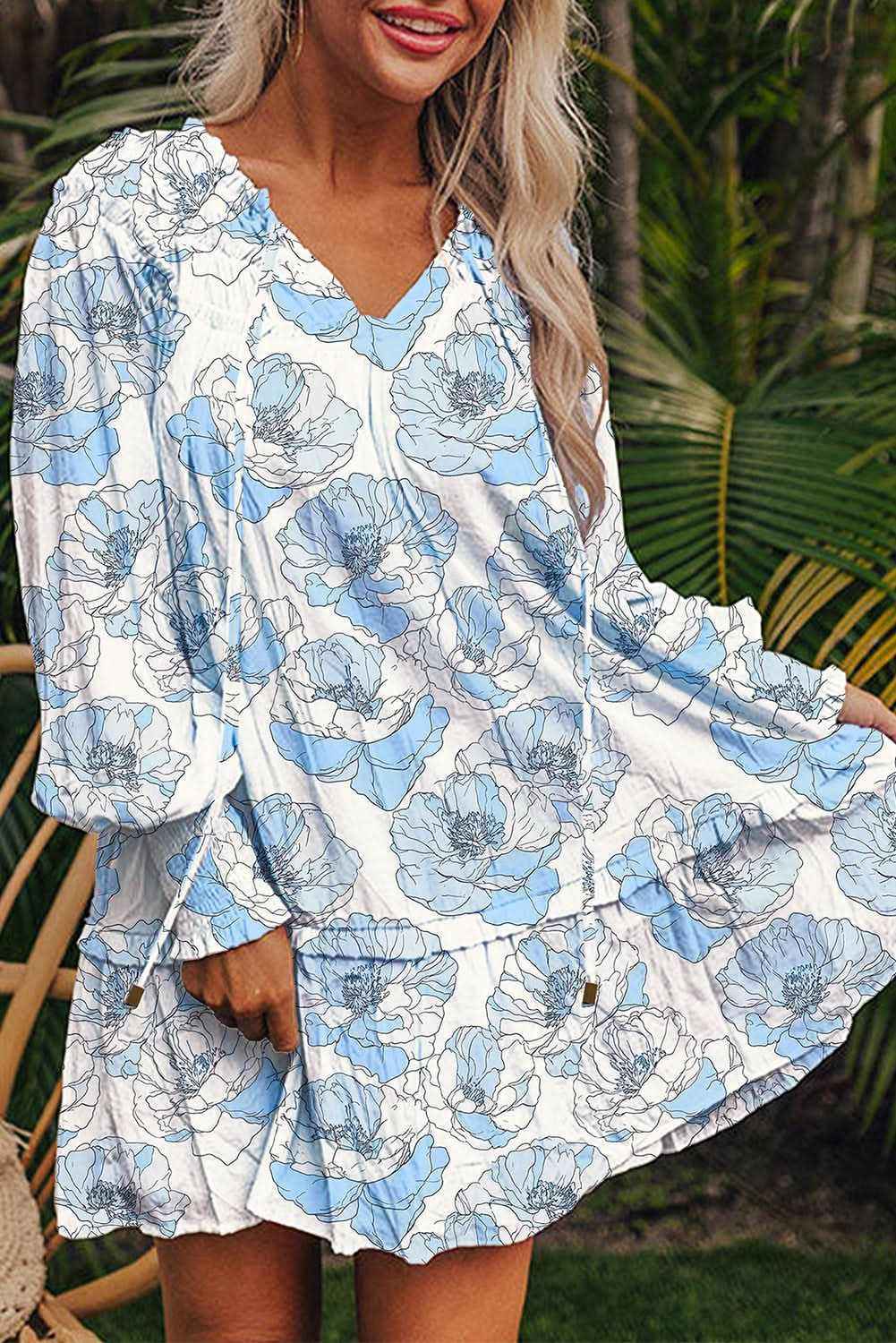 Sky Blue Floral Print Tie Neck Long Sleeve Flowy Mini Dress