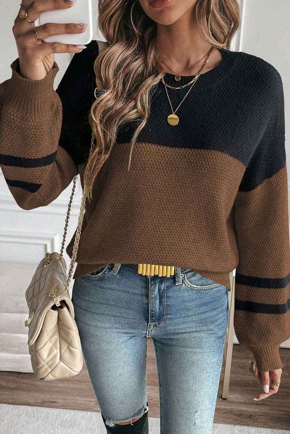 Dark Brown Color Block Knit Striped Sleeve Detail Casual Sweater